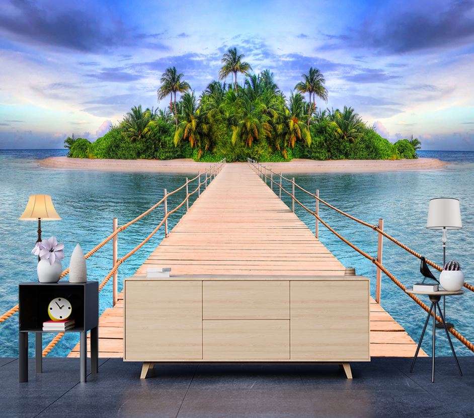 Wallpaper Murals Peel and Stick Removable Wooden Pier Over Beach High Quality