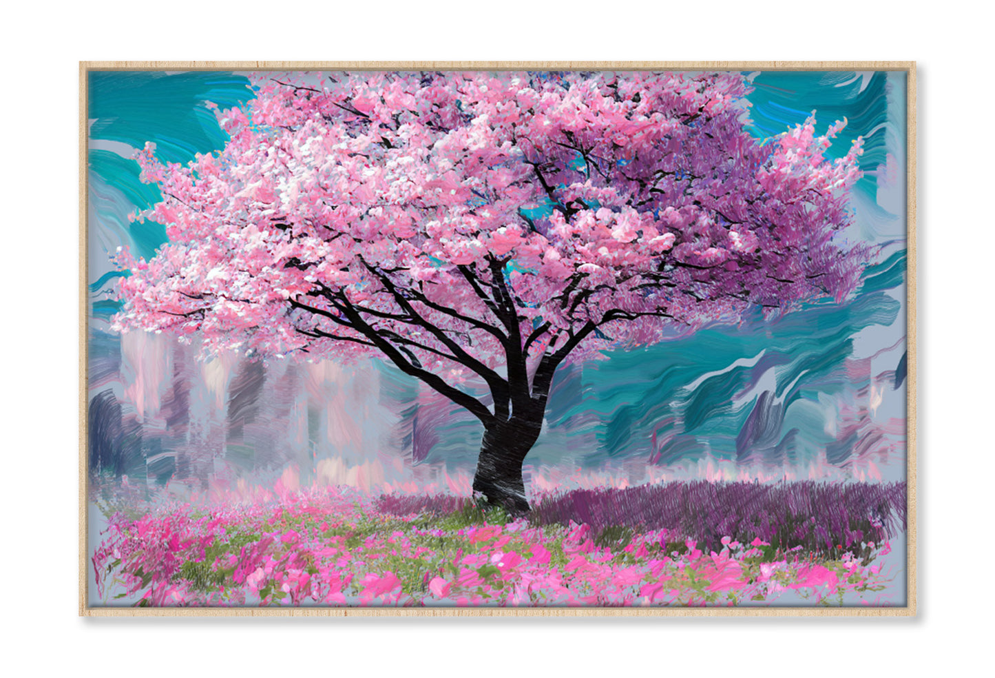 Pink Sakura Cherry Tree Watercolor Painting Wall Art Limited Edition High Quality Print Canvas Box Framed Natural