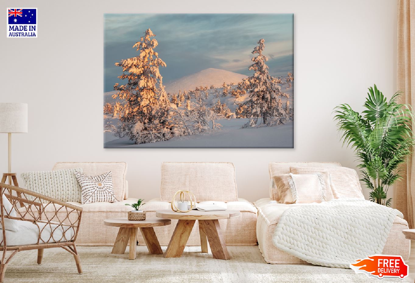 Snow Covered Fir Trees Sunset Photograph Print 100% Australian Made