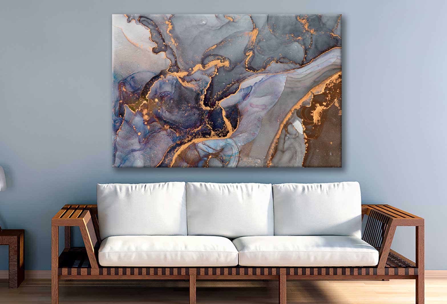 Bella Home Blue Brown & Gold Fluid Abstract Print Canvas Ready to hang