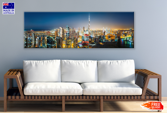 Panoramic Canvas Dubai City Night View High Quality 100% Australian made wall Canvas Print ready to hang
