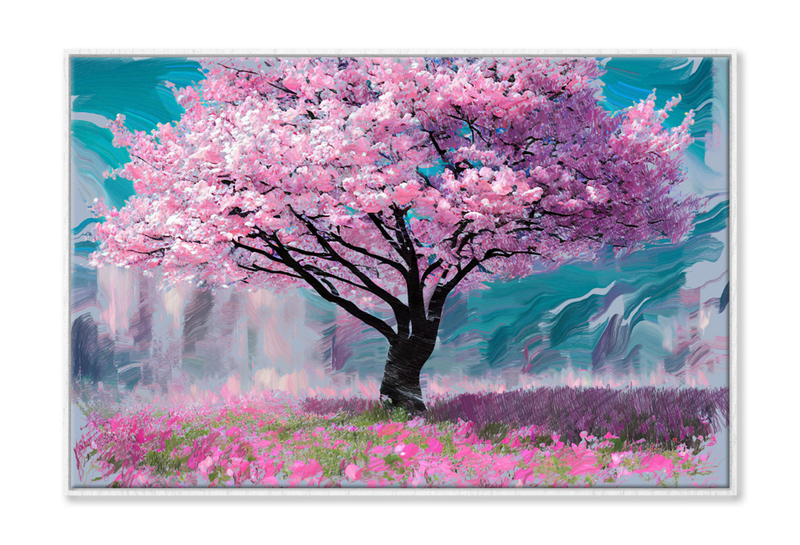 Pink Sakura Cherry Tree Watercolor Painting Wall Art Limited Edition High Quality Print Canvas Box Framed White