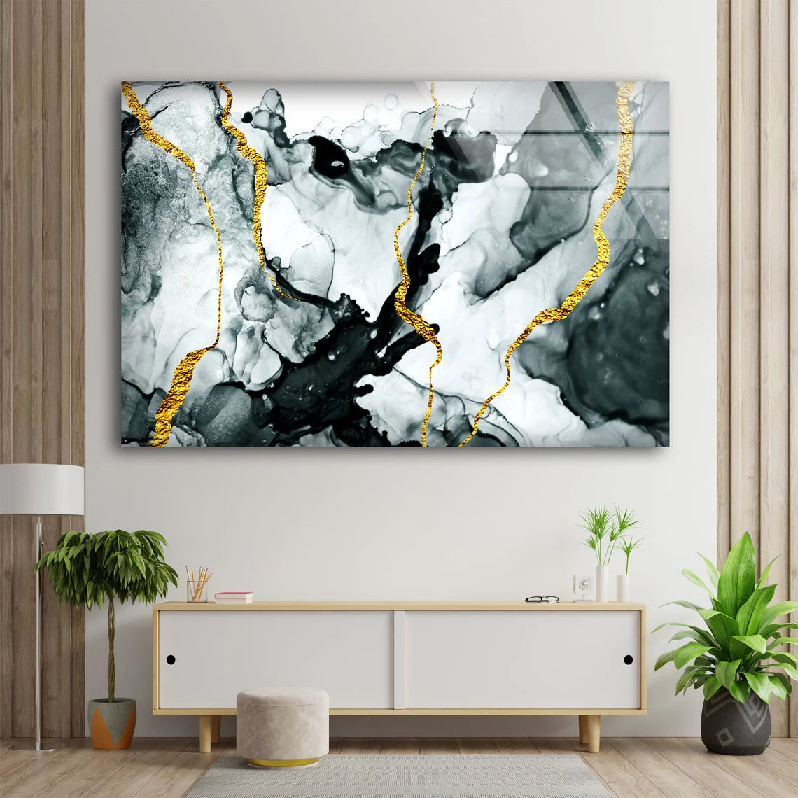 Grey Black & Gold Abstract Design Acrylic Glass Print Tempered Glass Wall Art 100% Made in Australia Ready to Hang