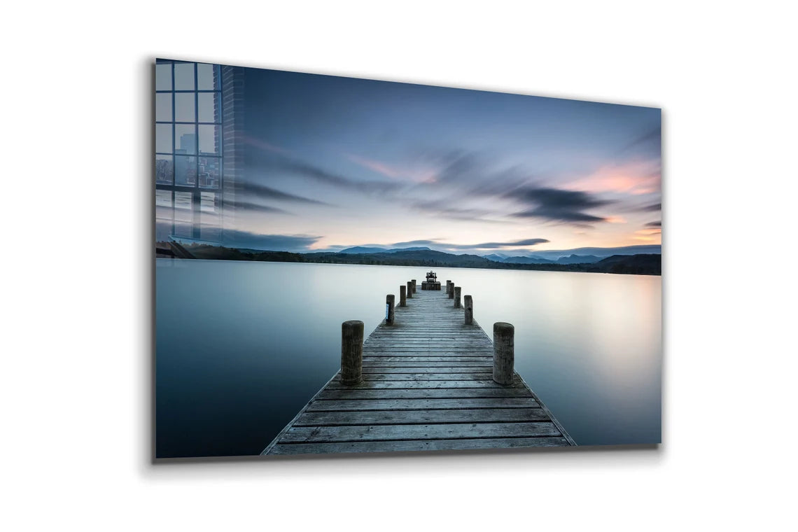 Wooden Pier & Lake Print Tempered Glass Wall Art 100% Made in Australia Ready to Hang