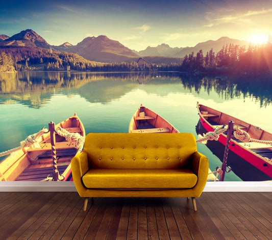 Wallpaper Murals Peel and Stick Removable Boats on A Stunning Lake Scenery Photograph High Quality