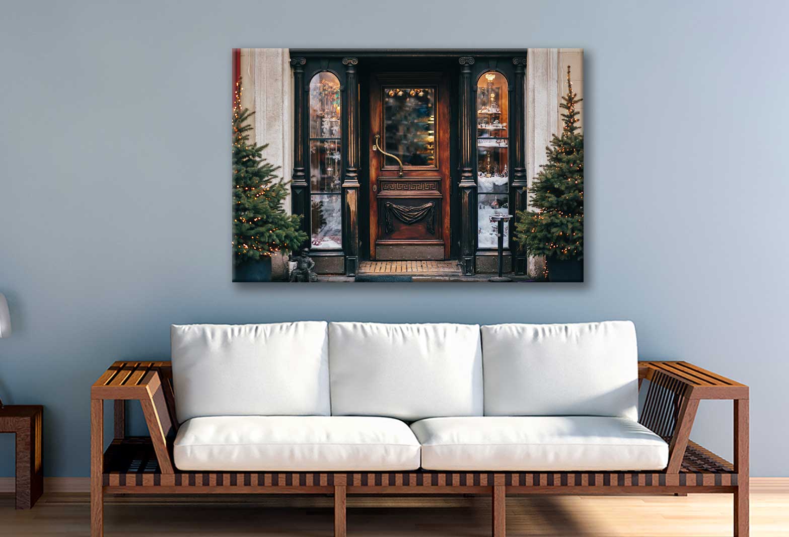 Bella Home Christmas Decorations Front Of Building Print Canvas Ready to hang