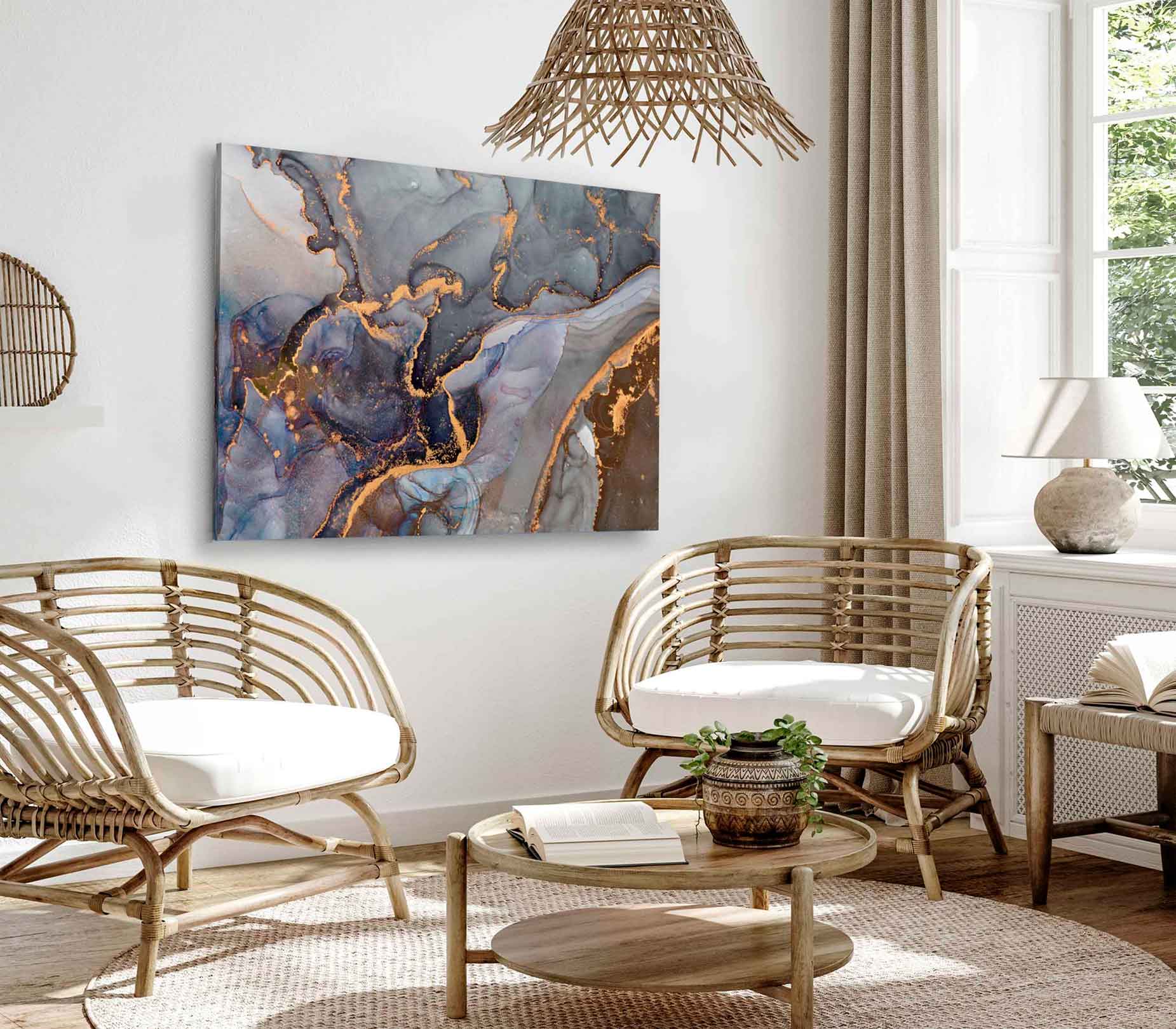 Bella Home Blue Brown & Gold Fluid Abstract Print Canvas Ready to hang