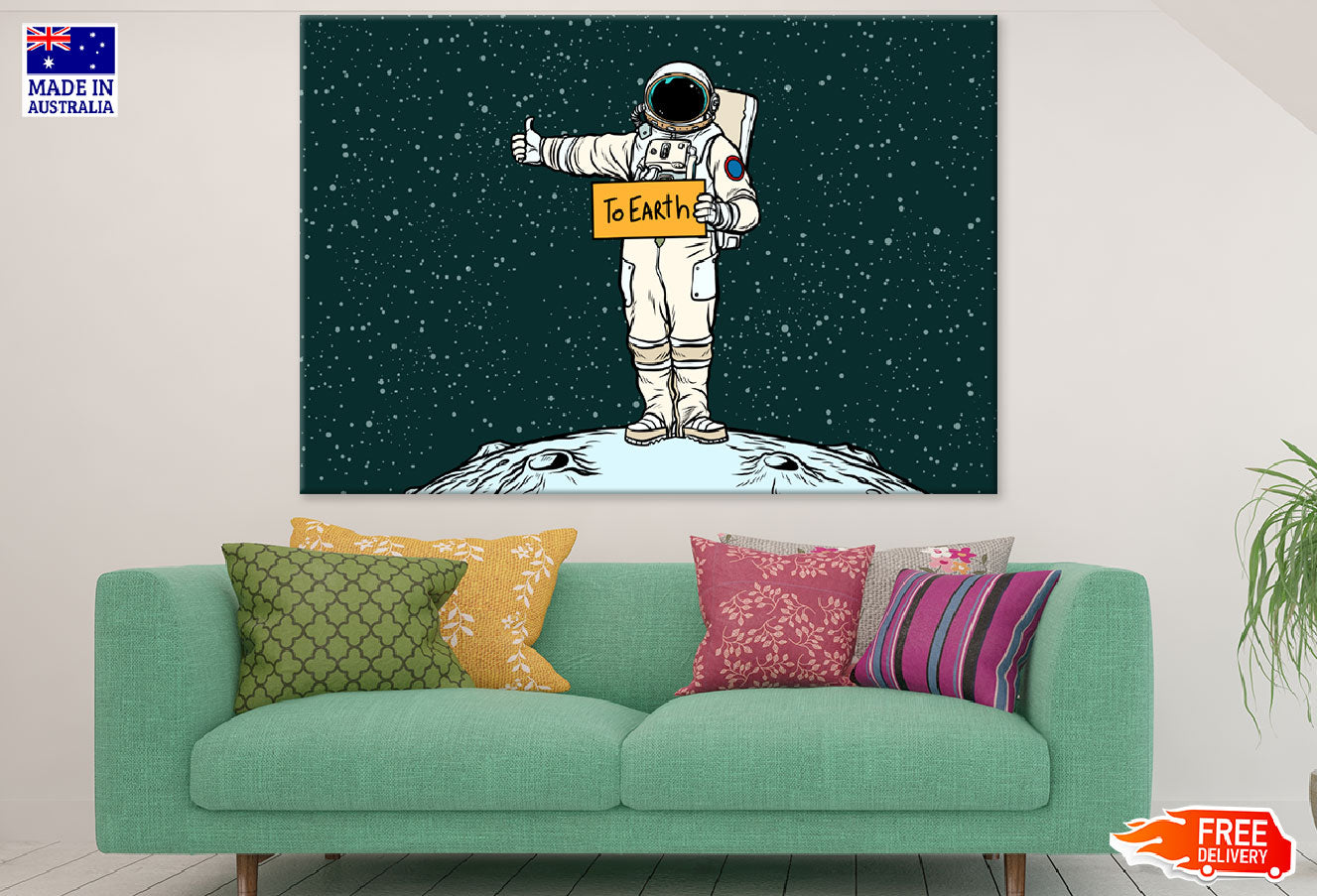 Astronaut Hitch Rides On Earth Illustration Print 100% Australian Made