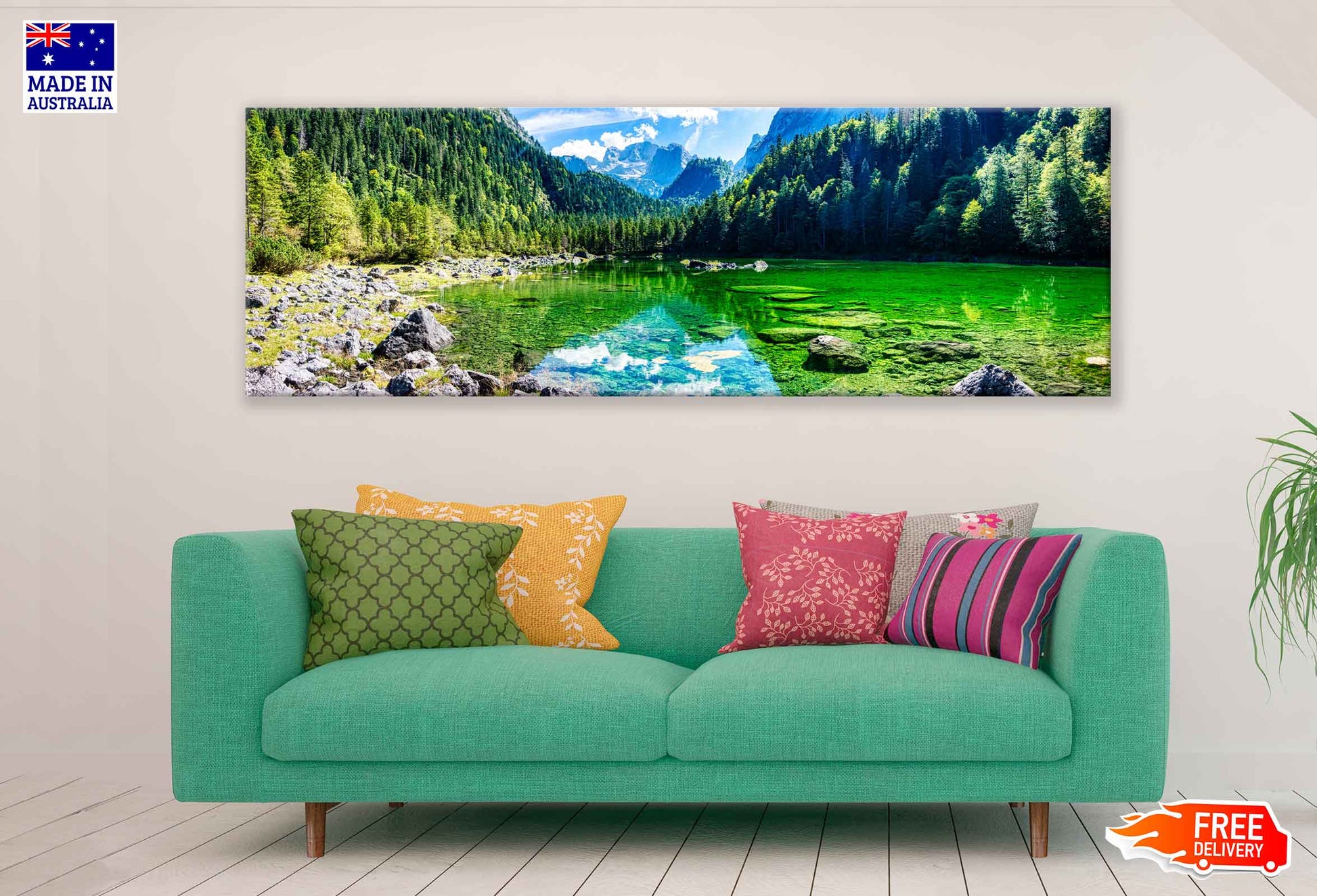 Panoramic Canvas Gosausee Green Lake With Trees High Quality 100% Australian Made Wall Canvas Print Ready to Hang