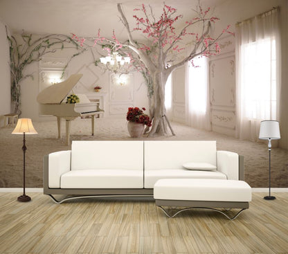 Wallpaper Murals Peel and Stick Removable Tree & Piano with Flowers in A room High Quality