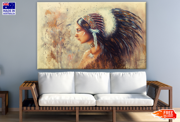 Young Indian Woman Wearing a Big Feather Headdress Painting Print 100% Australian Made