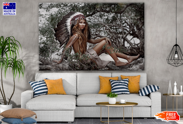 Young Indian Warrior With Feather Headdress Sitting on a Tree Branch Photograph Print 100% Australian Made