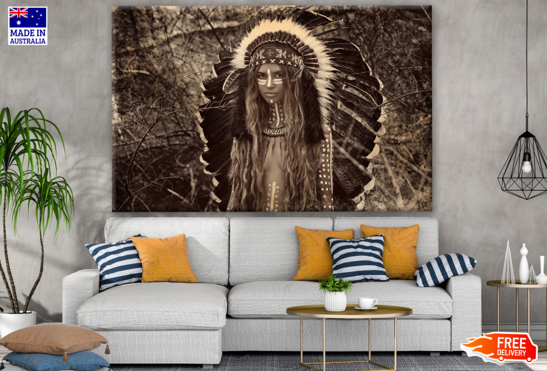 Young Indian Warrior With Feather Headdress Vintage Photograph Print 100% Australian Made