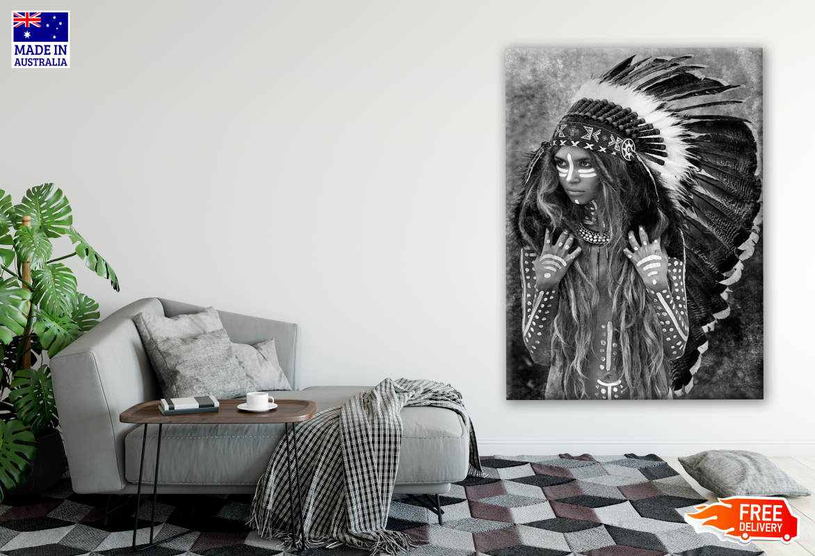 Young Indian Warrior With Feather Headdress Photograph B&W Print 100% Australian Made