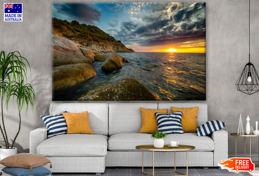 Scenice Coastal View with Rocks Sunset Photograph Print 100% Australian Made