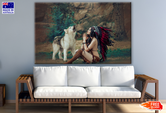 American Indian Worrior Woman Prays & a Wolf Howls Next to Her Photograph Print 100% Australian Made