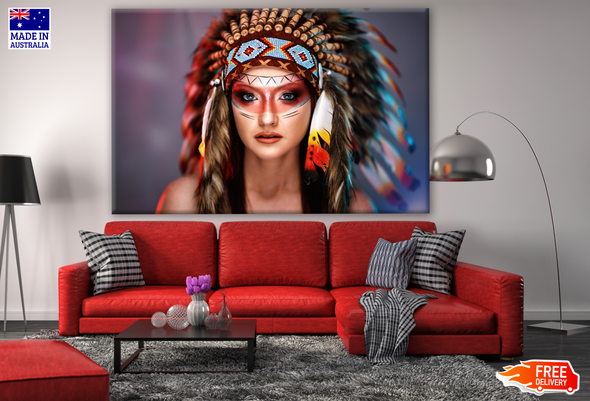 American Indian Girl in Native Costume, Headdress Made of Feathers Photograph Print 100% Australian Made