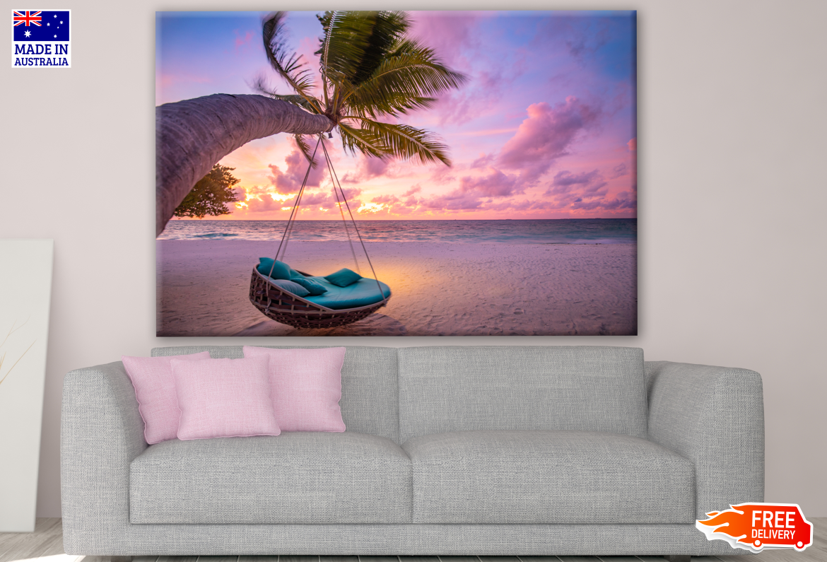 Tropical Sunset Beach with Beach Swing & Colorful Sky Photograph Print 100% Australian Made