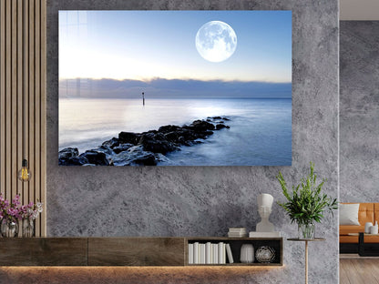 Full Moon Rocky Sea Print Tempered Glass Wall Art 100% Made in Australia Ready to Hang