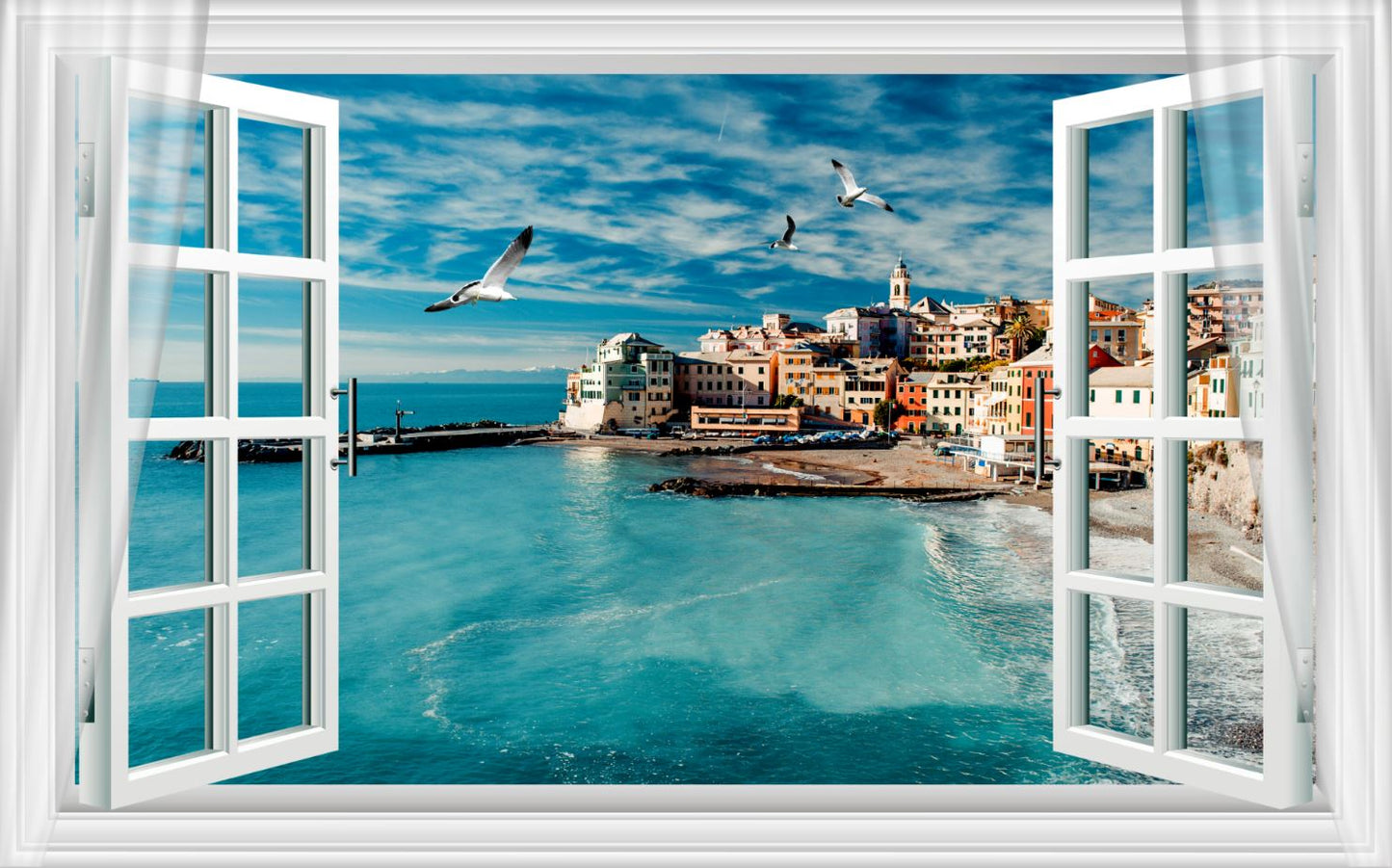 Wallpaper Murals Peel and Stick Removable View of The City Beautiful Sea & Birds from Window High Quality