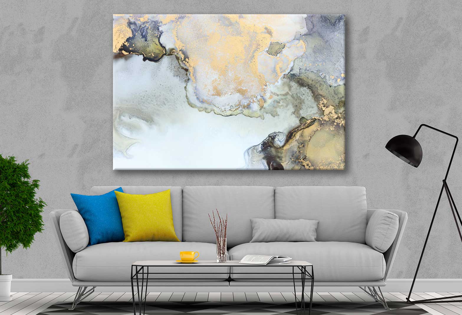 Bella Home Black Blue & Gold Fluid Abstract Print Canvas Ready to hang