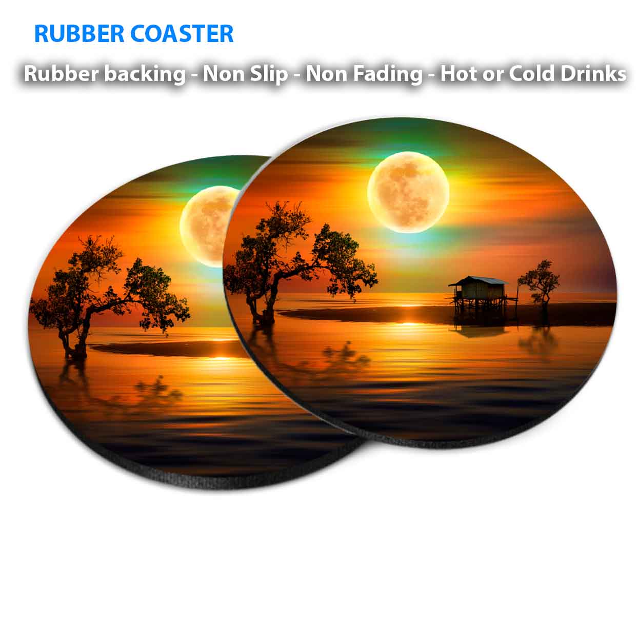 Silent Evening Night Under The Moon Coasters Wood & Rubber - Set of 6 Coasters