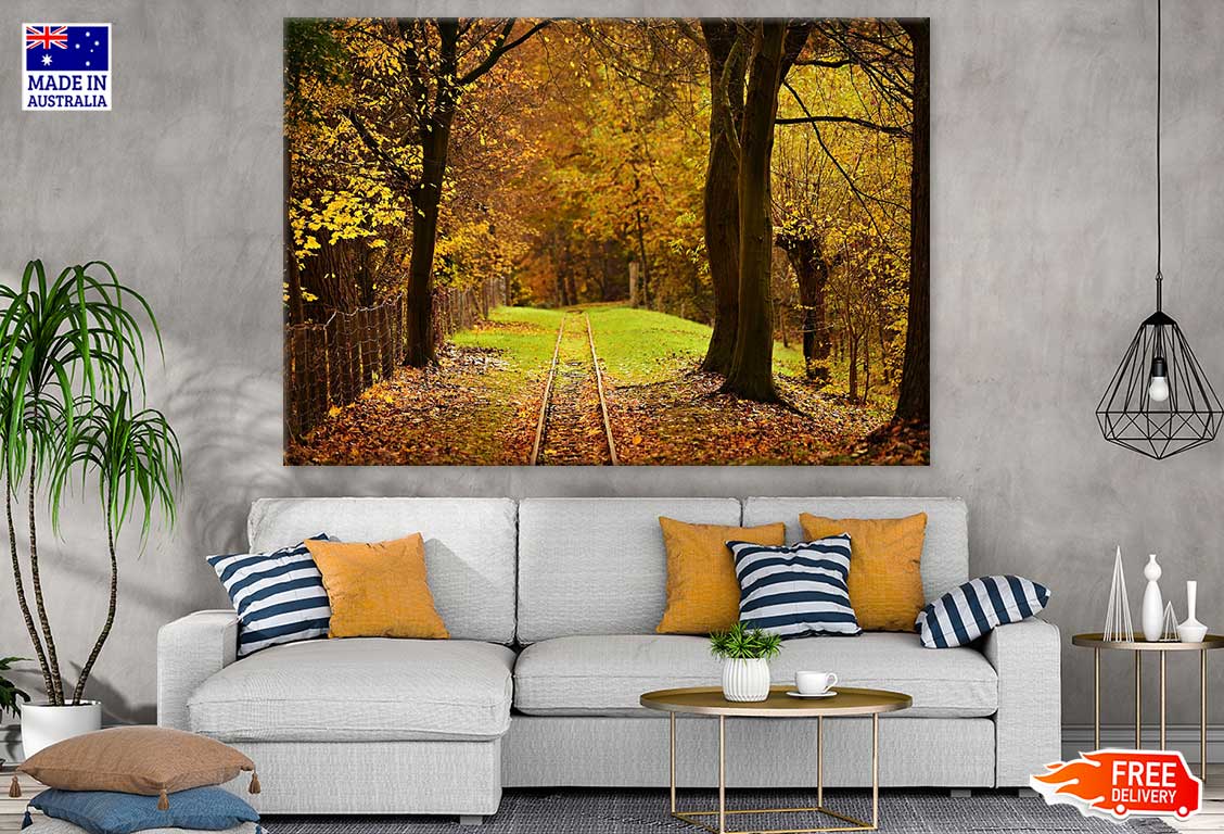 Rail track in Autumn Forest Photograph Print 100% Australian Made