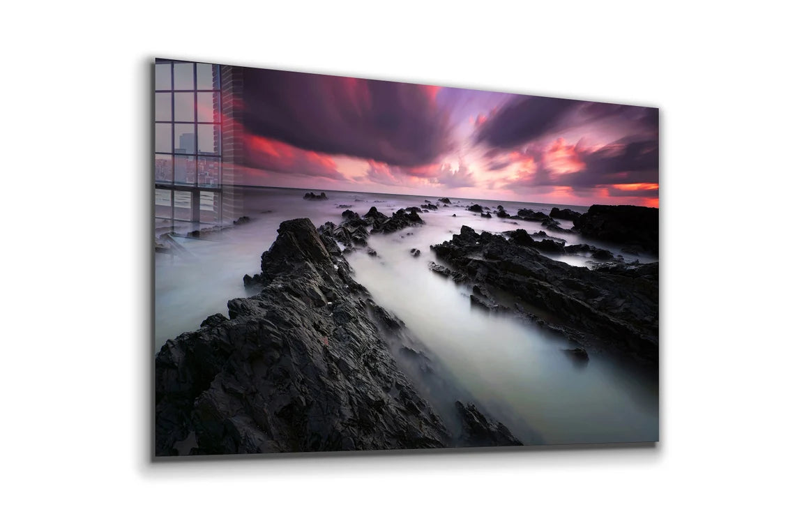 Rocks Beach in Mist Print Tempered Glass Wall Art 100% Made in Australia Ready to Hang