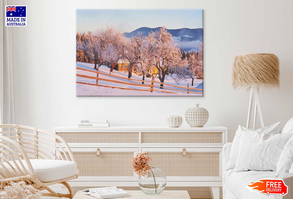 Leafless Winter Trees & Snow Field View Photograph Print 100% Australian Made