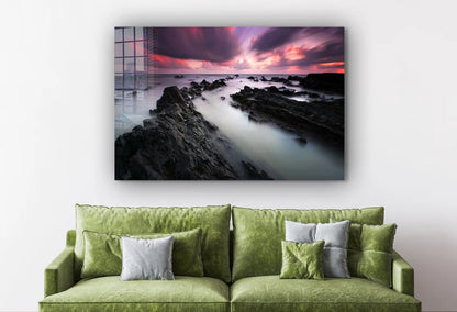 Rocks Beach in Mist Print Tempered Glass Wall Art 100% Made in Australia Ready to Hang