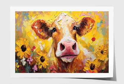 Closeup Cow Face with Sunflowers Oil Painting Wall Art Limited Edition High Quality Print Unframed Roll Canvas None