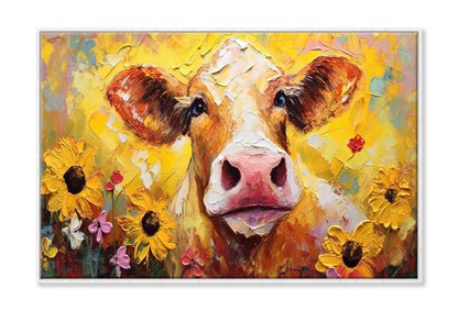 Closeup Cow Face with Sunflowers Oil Painting Wall Art Limited Edition High Quality Print Canvas Box Framed White