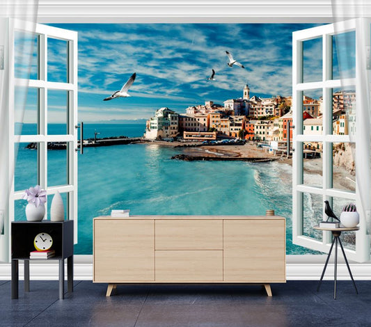 Wallpaper Murals Peel and Stick Removable View of The City Beautiful Sea & Birds from Window High Quality