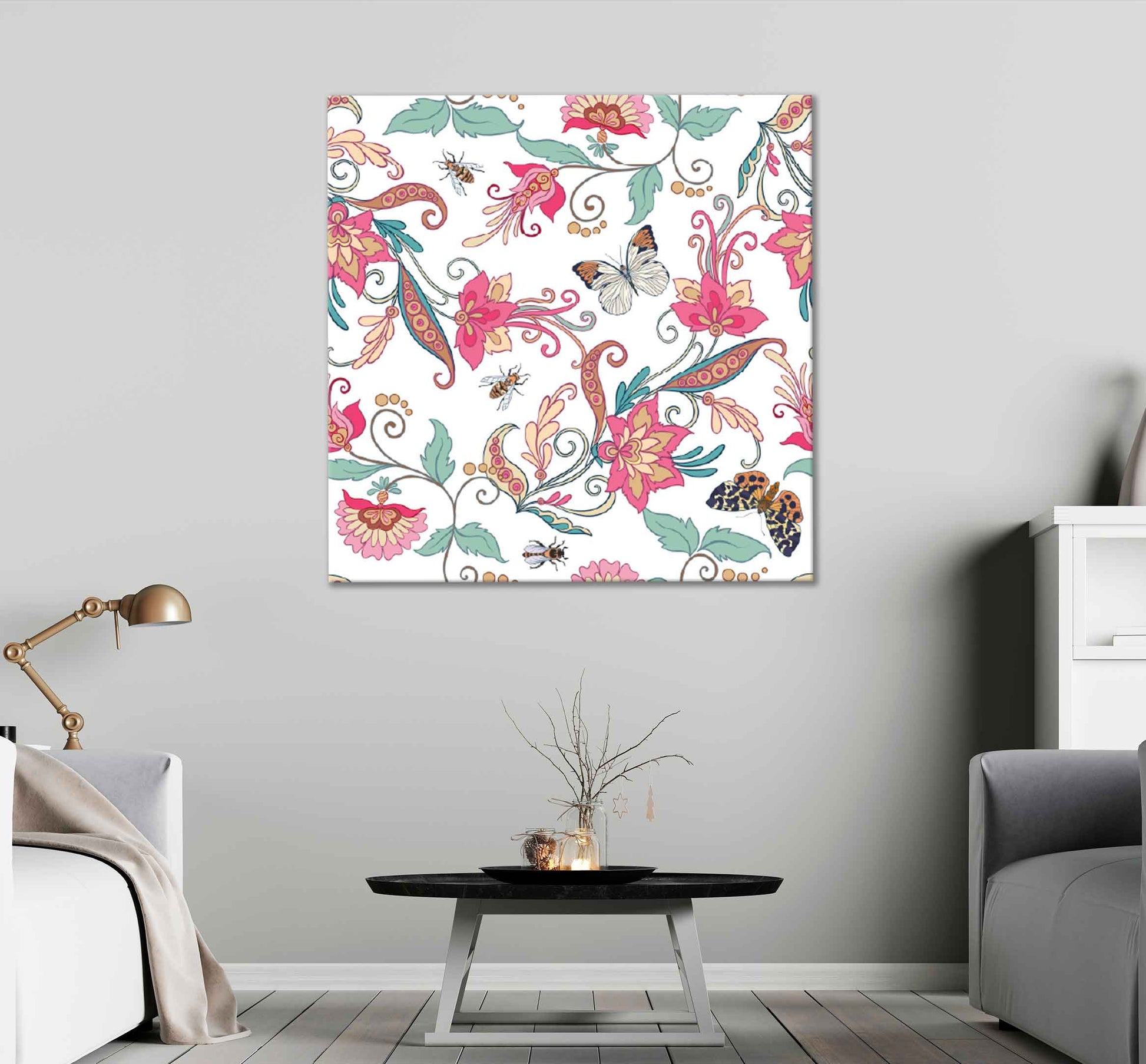 Square Canvas Flowers with Butterfly Vector Design High Quality Print 100% Australian Made