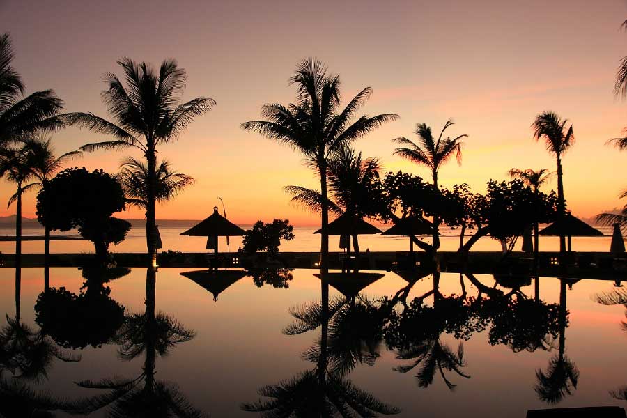 Huts & Palm Trees Near Pool & Sea Photograph Print 100% Australian Made