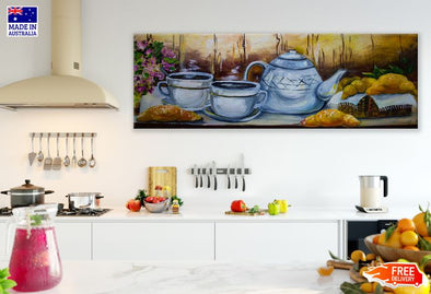 Panoramic Canvas Kettle & Cups Painting High Quality 100% Australian made wall Canvas Print ready to hang