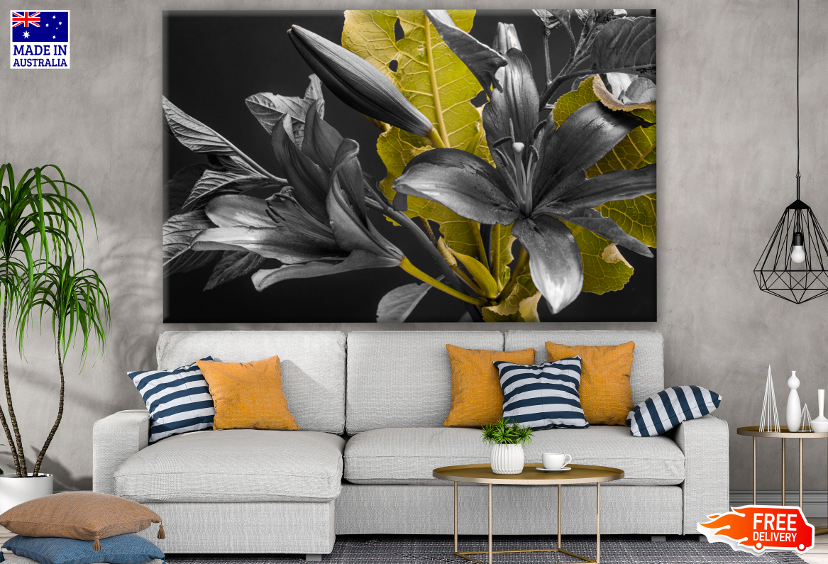 B&W Flowers & Green Leaves Print 100% Australian Made