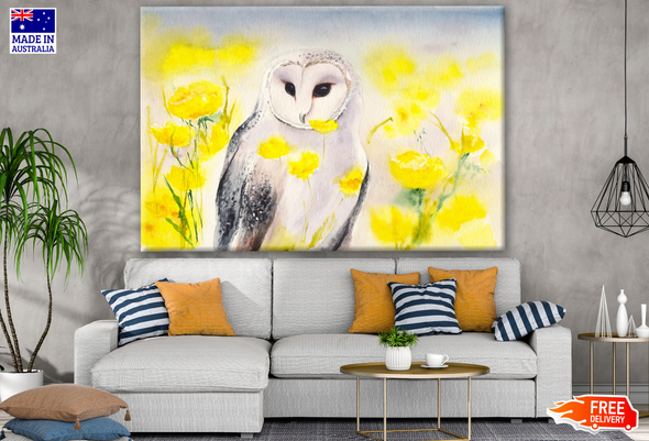 Owl with Bright Yellow Flowers Painting Print 100% Australian Made