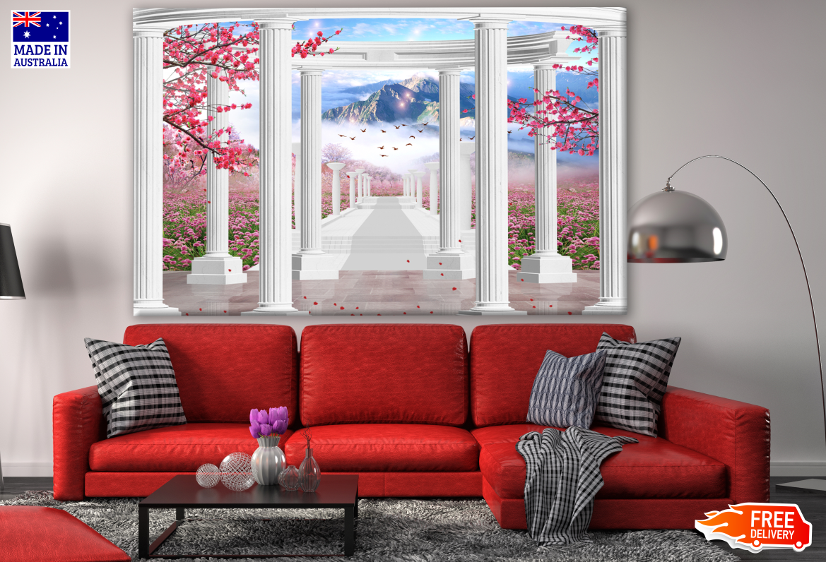 Historical Building Columns on a Landscape with Mountains, Birds & Tree Branches with Red Flowers Print 100% Australian Made