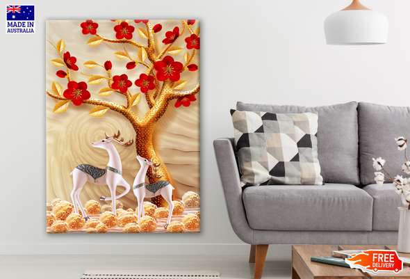 Red Flower with Golden Tree & Deers 3D Design Print 100% Australian Made