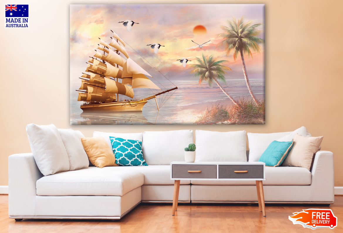 Golden Ship & Flying Birds in Sunset Print 100% Australian Made