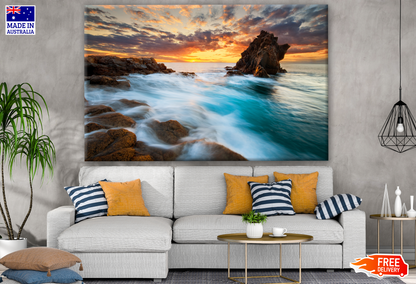 Beautiful Sunrise on Ocean Coast with Rocks Photograph Print 100% Australian Made