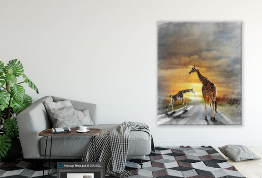 Giraffes Walking Along a Road Sunset Painting Print 100% Australian Made