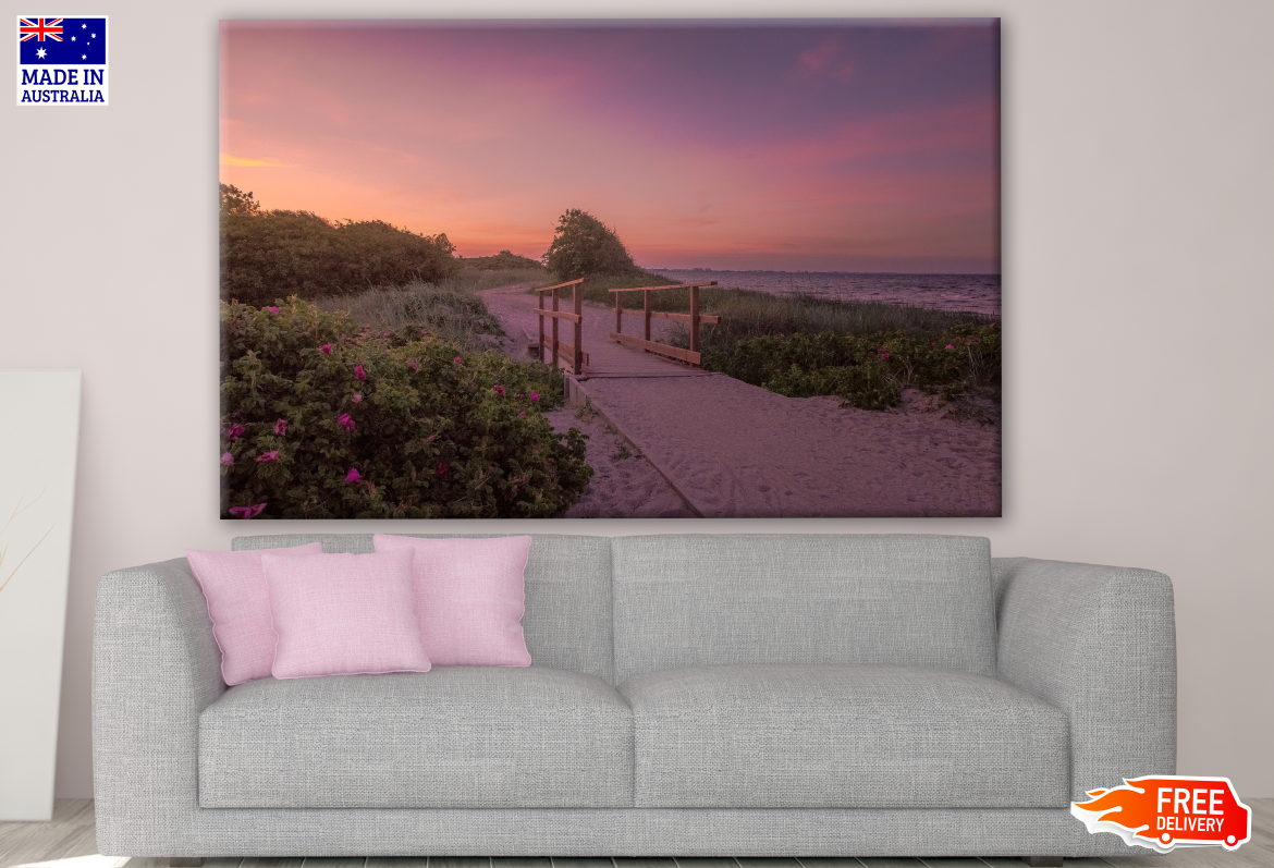 Scenic Beach with Wooden Bridge & Pink Sky Photograph Print 100% Australian Made