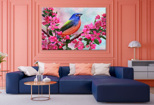 Colourful Bird On a Branch with Flowers Painting Print 100% Australian Made