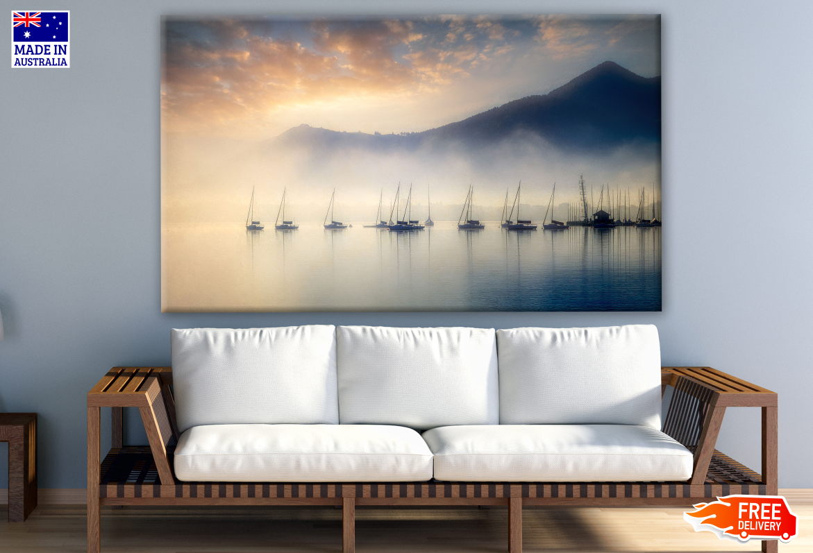 Boats on Lake in Mist with Mountain View Photograph Print 100% Australian Made