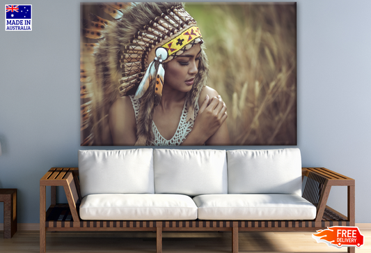 Native Red Indian Girl Wearing Feather Headdress Photograph Print 100% Australian Made