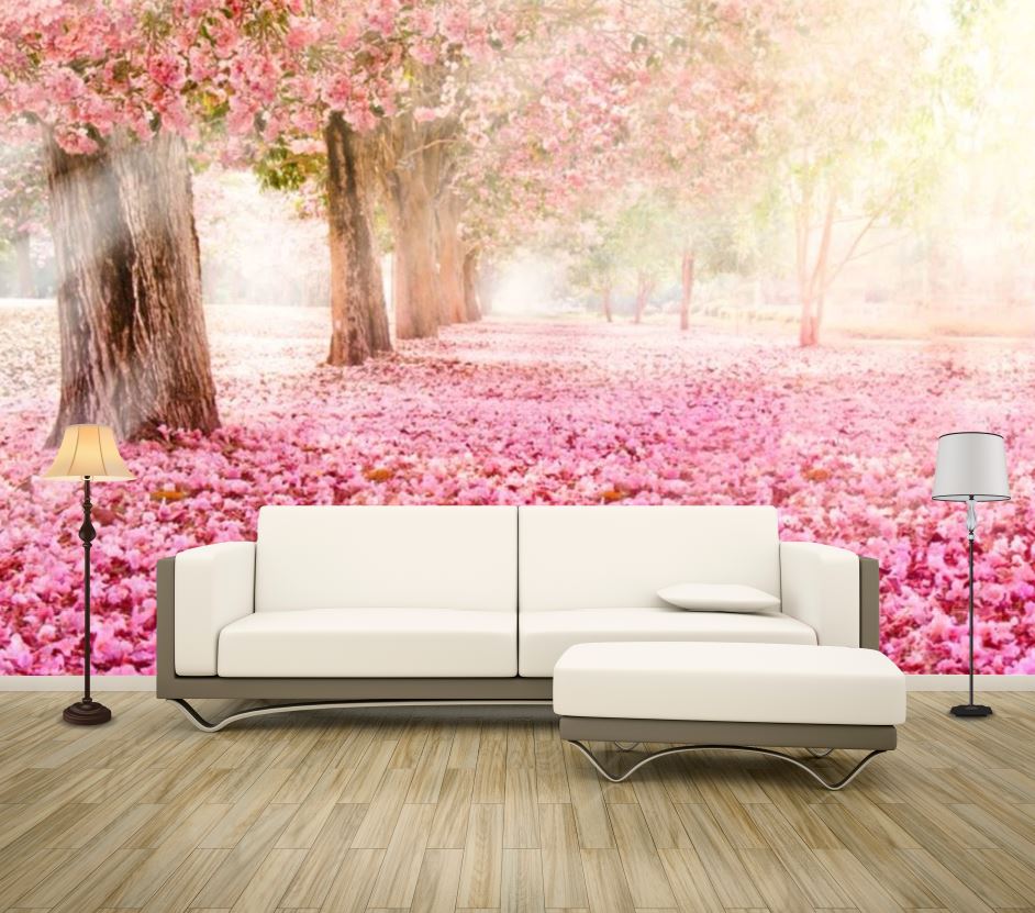 Wallpaper Murals Peel and Stick Removable Pink Flower Trees & Flowers on Ground Photograph High Quality