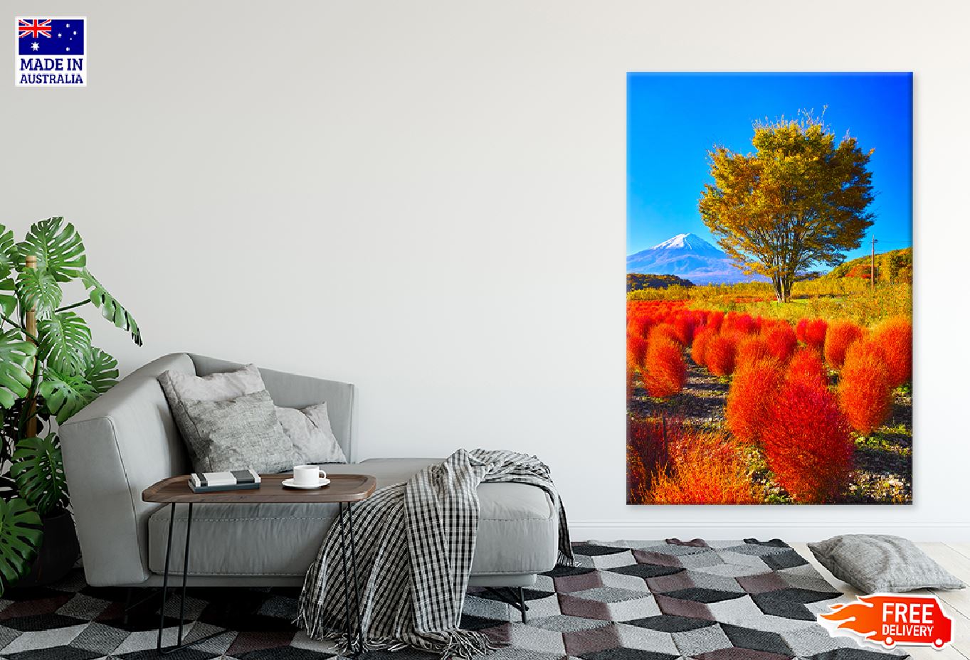 Alone Tree & Red Leaves Blooming Mountain View Photograph Print 100% Australian Made