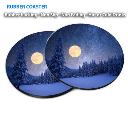 Winter Night With Full Moon & Starry Sky Coasters Wood & Rubber - Set of 6 Coasters